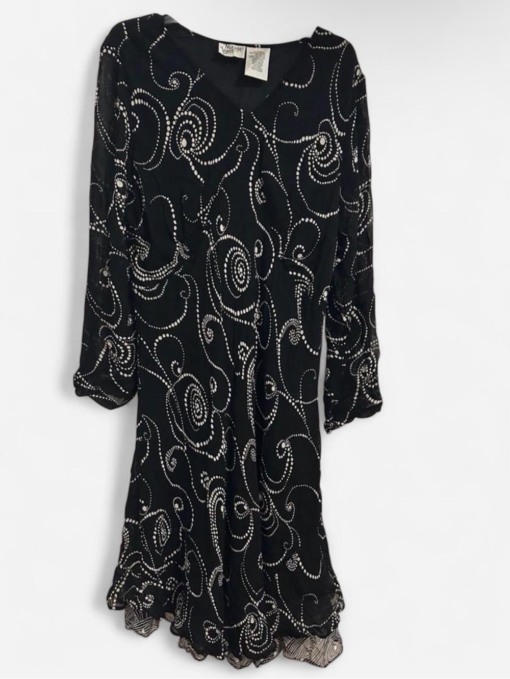 Midnight Velvet Black Embellished White Swirl Long-Sleeve Midi Dress